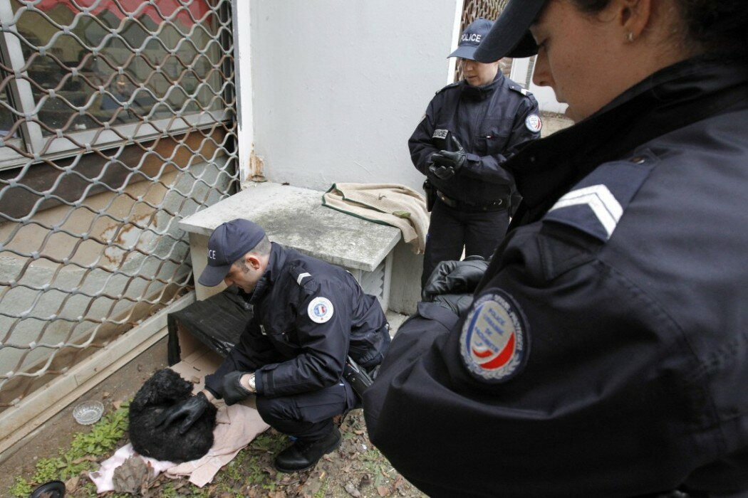 POUR ILLUSTRER LE PAPIER : "POLICE-SECOURS (PS17) : LES TOUCHE-A-TOUT DE L'APPEL D'URGENCE" - Une équipe Police Secours du commissariat du 15e arrondissement récupère un chien abandonné dans un immeuble, le 17 février 2010 à Paris. Les véritables appels urgents n'ont constitué que 40% des 528.000 appels reçus par police-secours à Paris en 2009, les 60% restants concernant des demandes de renseignements. AFP PHOTO PATRICK KOVARIK